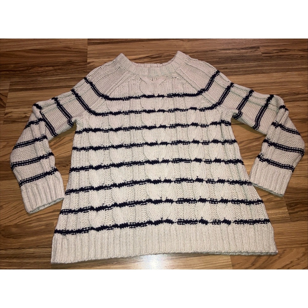 J Jill Sweater Womens Large Cream Black Striped‎ Cable Knit Chunky Pullover Top